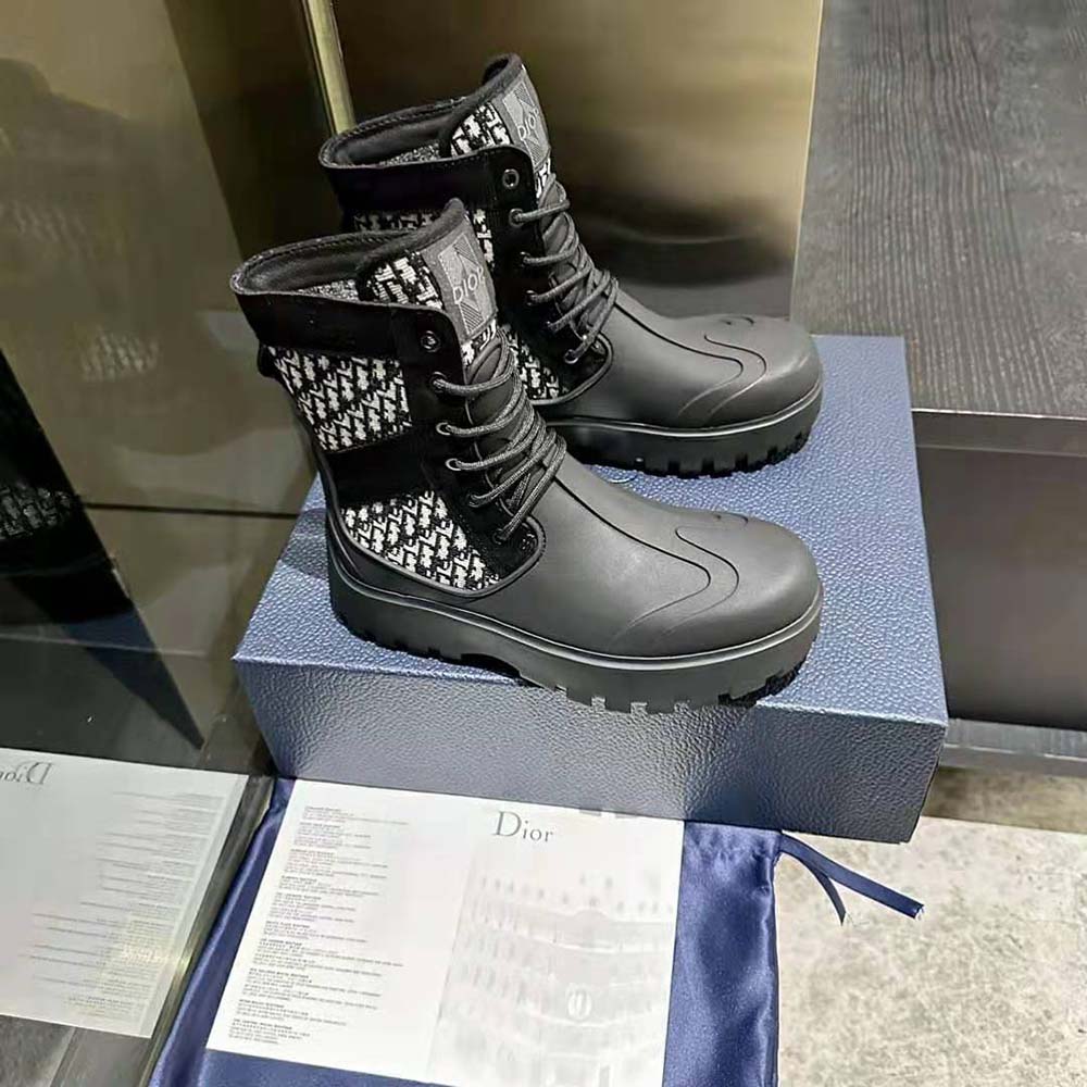Overhead angle showing signature Dior Oblique jacquard pattern on boot