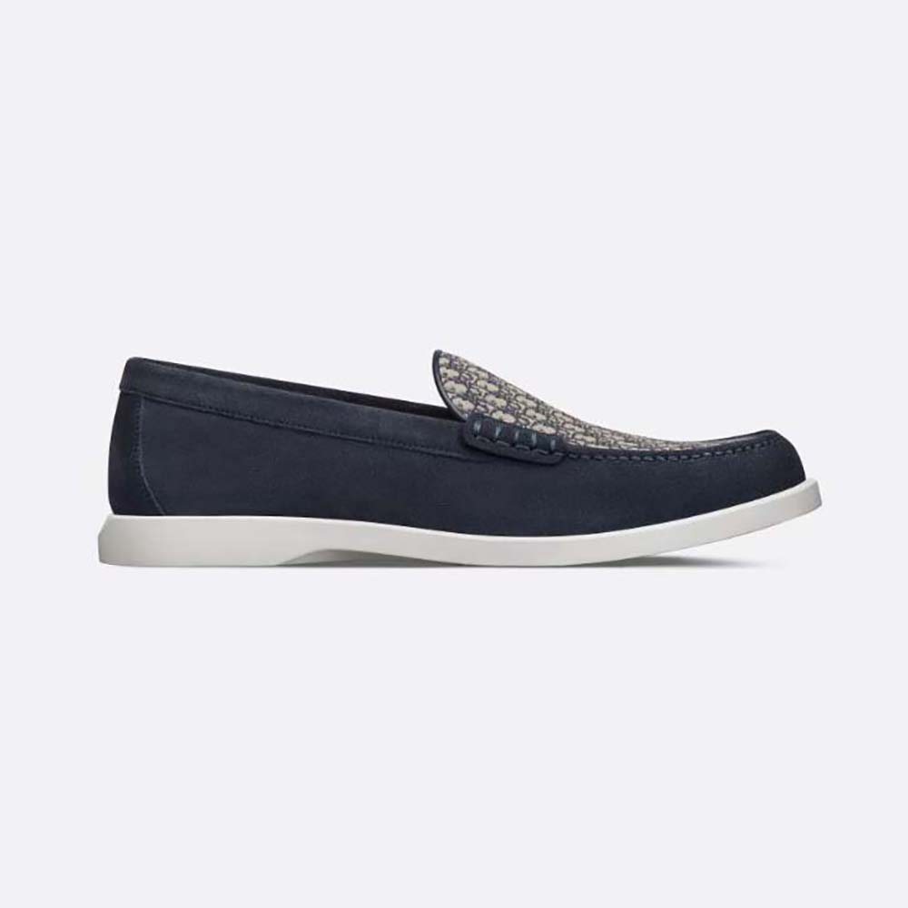Side view of Dior Men Granville Loafer Navy Blue Suede with Dior Oblique jacquard