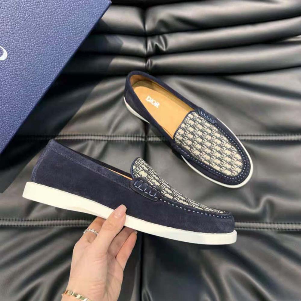 Dior Men Granville Loafer Navy Blue Suede with Beige and Black Dior Oblique Jacquard - image 5
