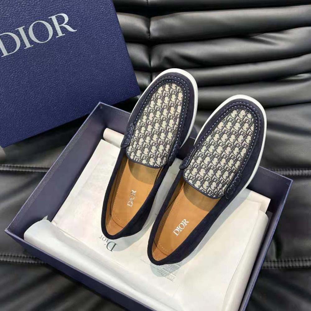 Dior Men Granville Loafer Navy Blue Suede with Beige and Black Dior Oblique Jacquard - image 4
