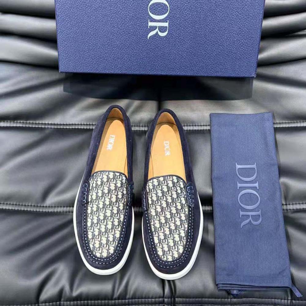 Top angle showing slip-on silhouette of Dior Men Granville Loafer Navy Blue Suede