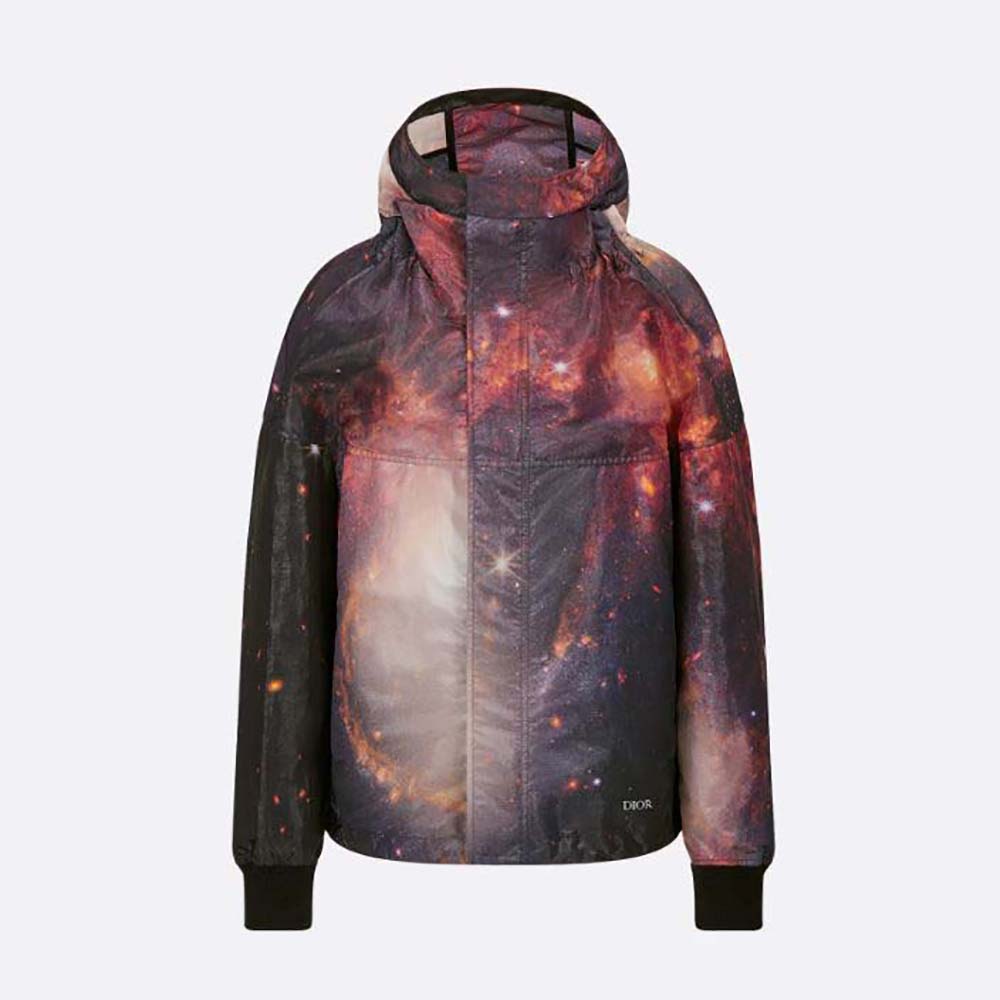 Front view of Dior Men Hooded Blouson Multicolor Technical Fabric in maroon