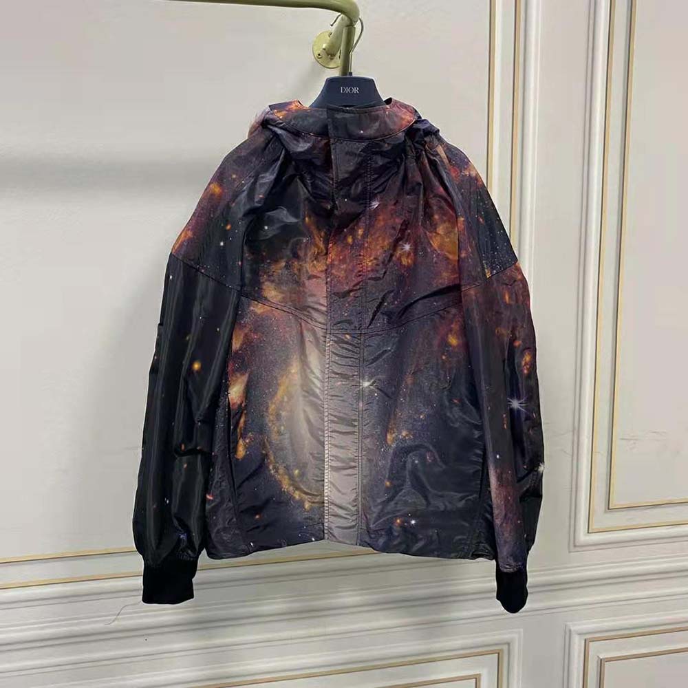 Close-up of hood and zip detail on Dior Men Hooded Blouson Multicolor Technical Fabric