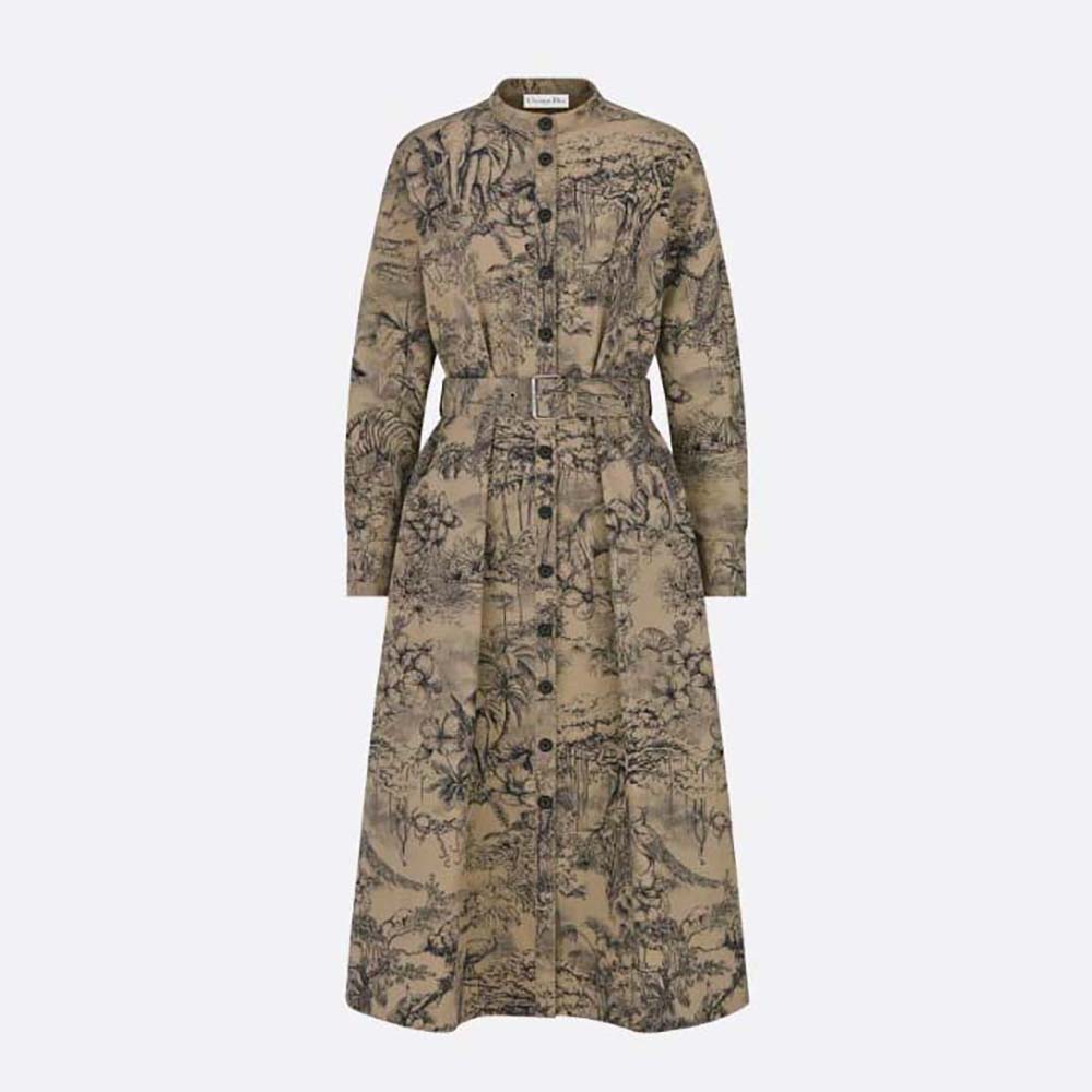 Front view of Dior Women Belted Shirt Dress beige cotton gabardine