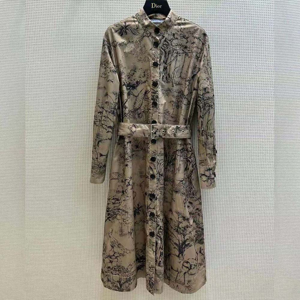 Close-up on Toile de Jouy Voyage motif on Dior Women Belted Shirt Dress