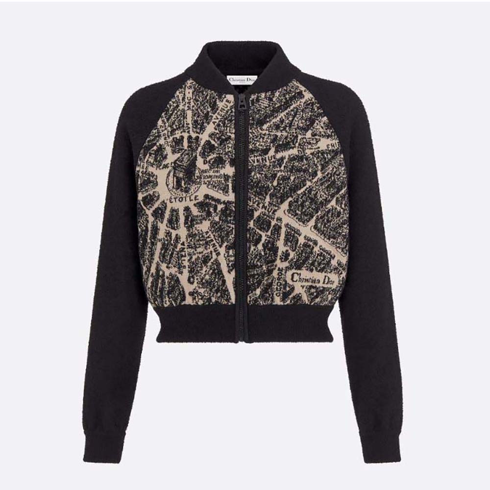 Front view of Dior Women Bomber Jacket Beige and Black Technical Virgin Wool Knit