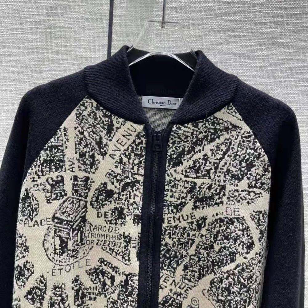 Dior Women Bomber Jacket Beige and Black Technical Virgin Wool Knit with Plan de Paris Motif - image 7