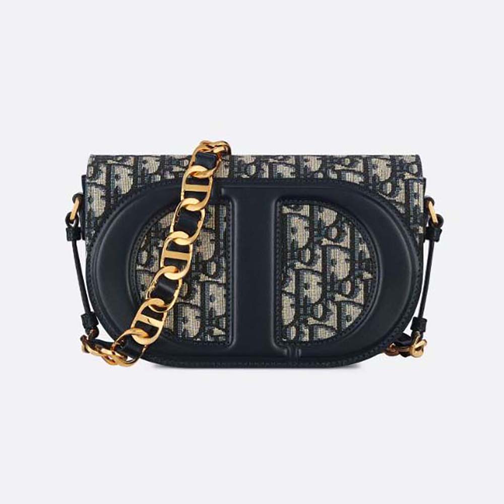 Front view of Dior Women CD Signature Bag with navy Dior Oblique jacquard
