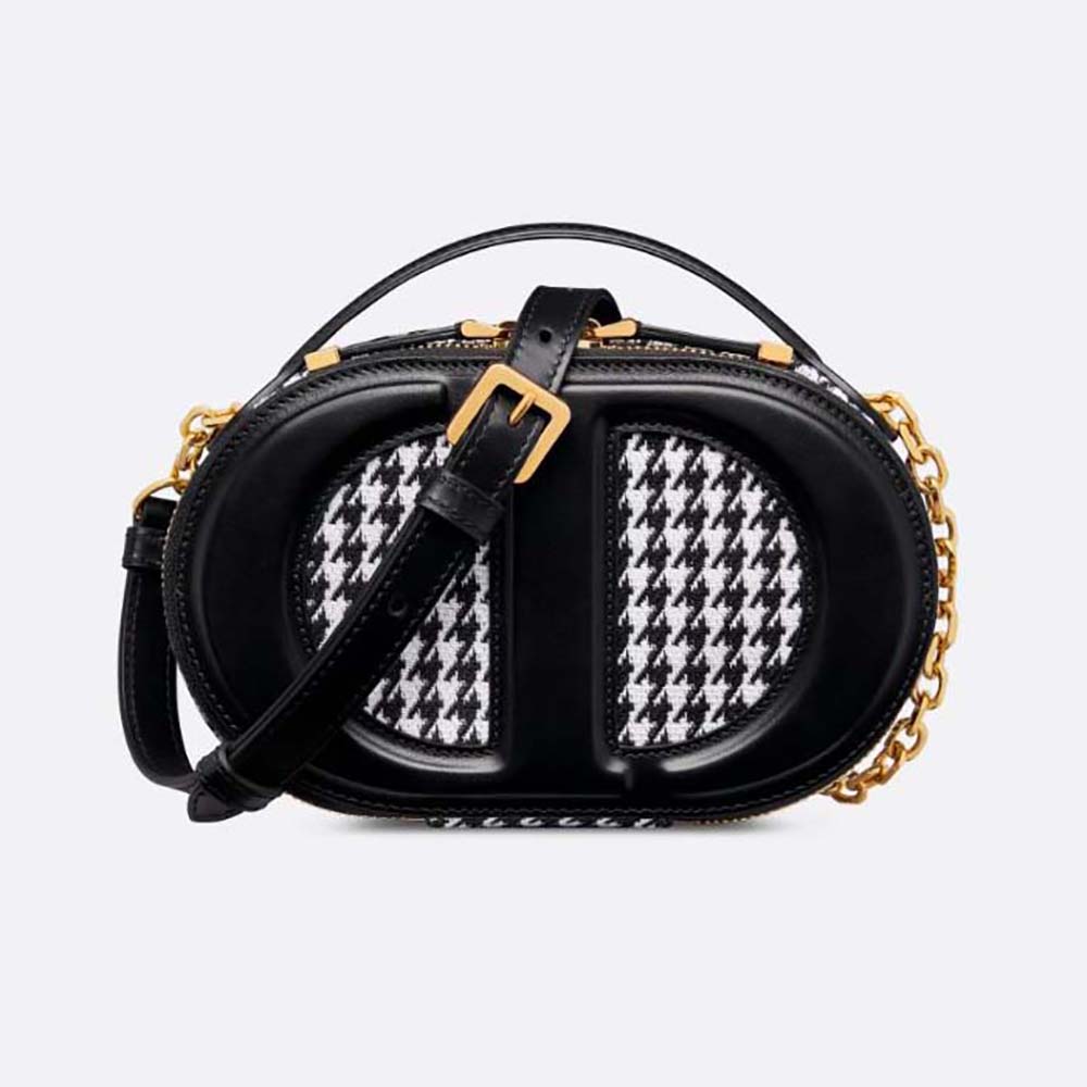 Front view of Dior Women CD Signature Oval Camera Bag in black calfskin
