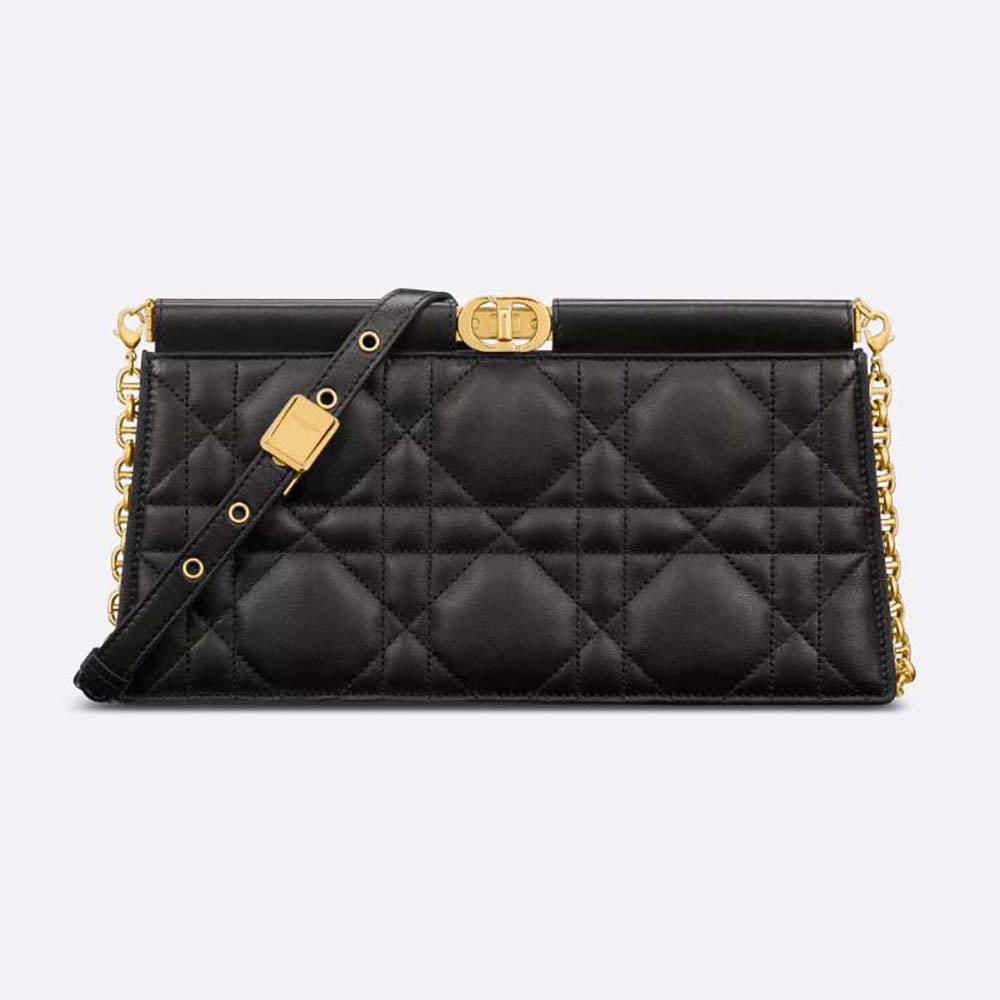 Front view of Dior Women Dior Caro Colle Noire Clutch with chain in black lambskin