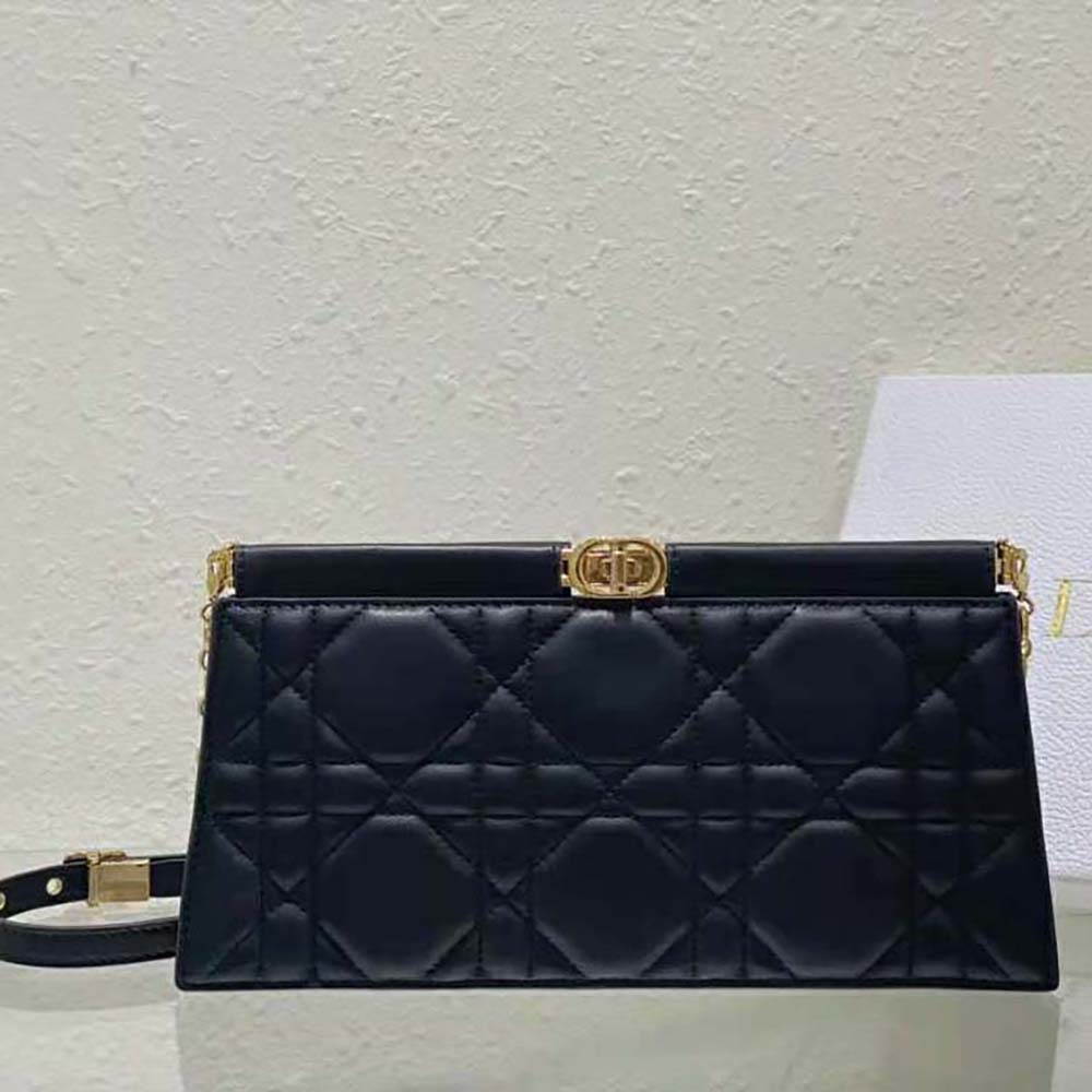 Close-up detail of black Cannage lambskin quilting and silver-tone chain strap