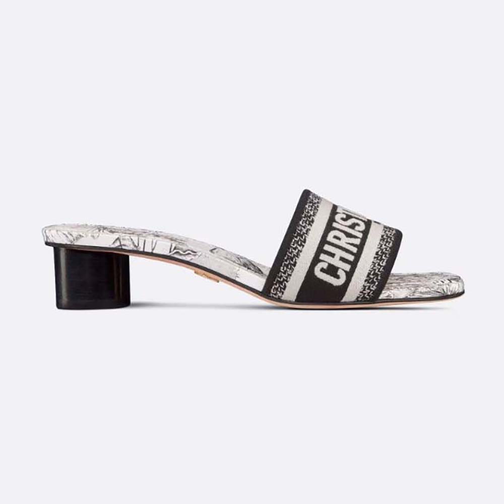 Side view of Dior Women Dway Heeled Slide with toile de Jouy embroidery