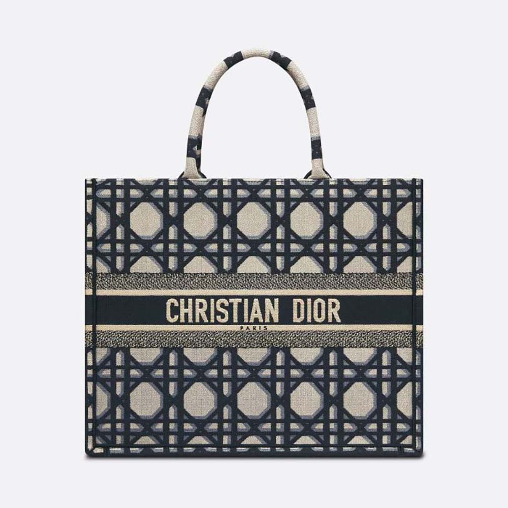Front view of Dior Women Large Dior Book Tote Beige and Blue Macrocannage Embroidery
