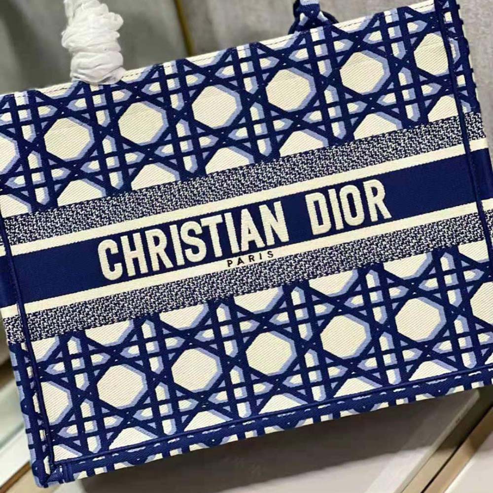 Dior Women Large Dior Book Tote Beige and Blue Macrocannage Embroidery - image 8