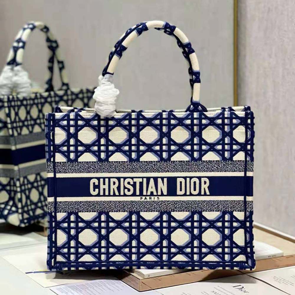 Close-up detail of blue Macrocannage embroidery on Dior Women Large Dior Book Tote