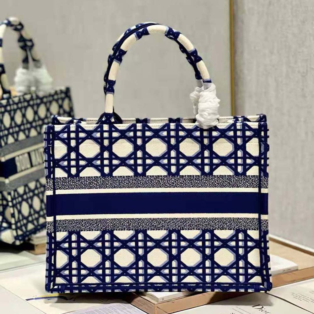 Side angle showing spacious interior and silver hardware on Dior Women Large Dior Book Tote