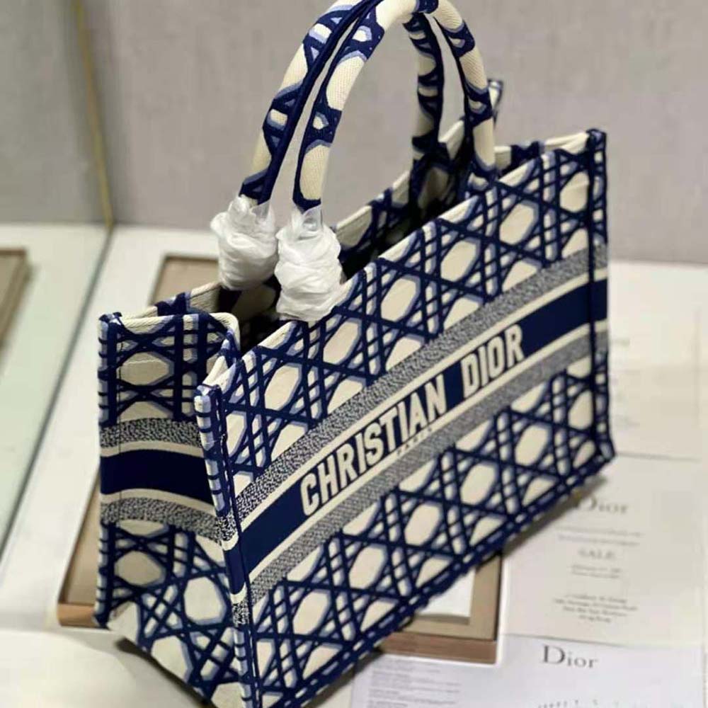 Dior Women Large Dior Book Tote Beige and Blue Macrocannage Embroidery - image 5