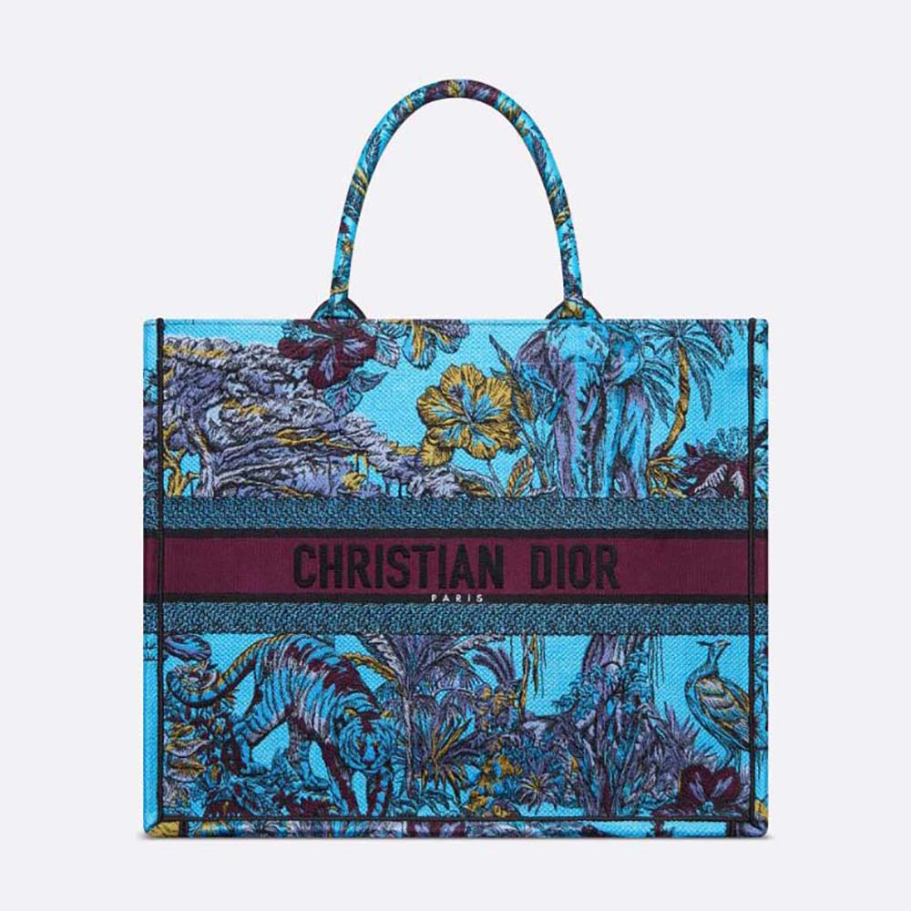 Front view of Dior Women Large Dior Book Tote Celestial Blue with embroidery