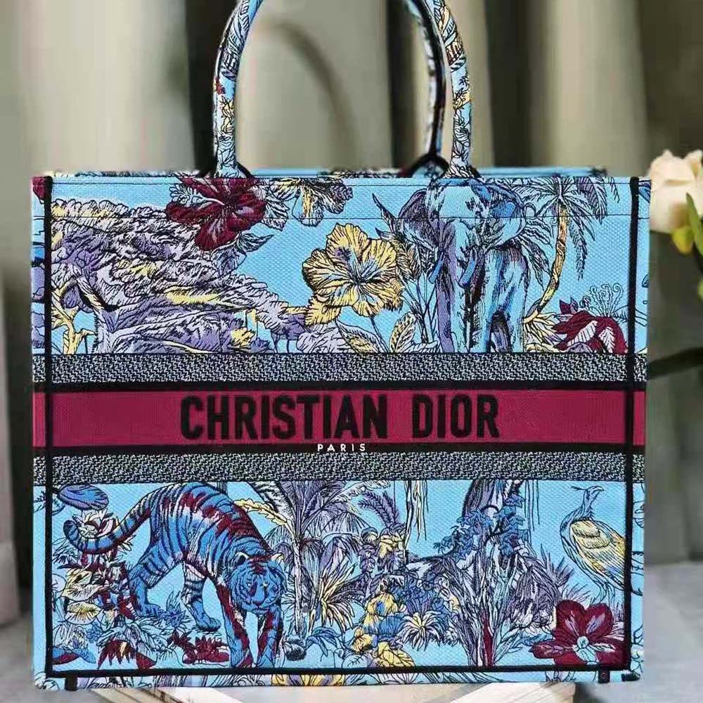 Close-up detail of multicolor toile de Jouy embroidery on Dior tote