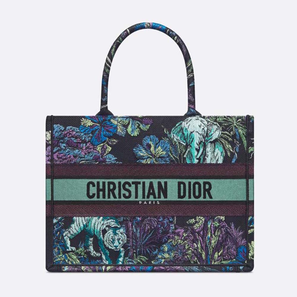Front view of Dior Women Medium Dior Book Tote Blue Multicolor Toile de Jouy Voyage Embroidery