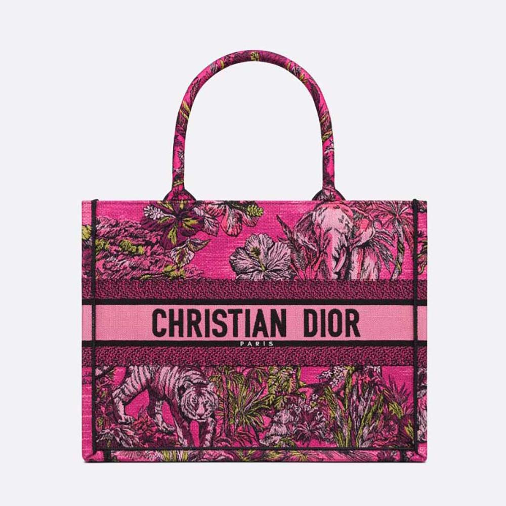 Front view of Dior Women Medium Dior Book Tote Fuchsia Multicolor Toile de Jouy Voyage Embroidery
