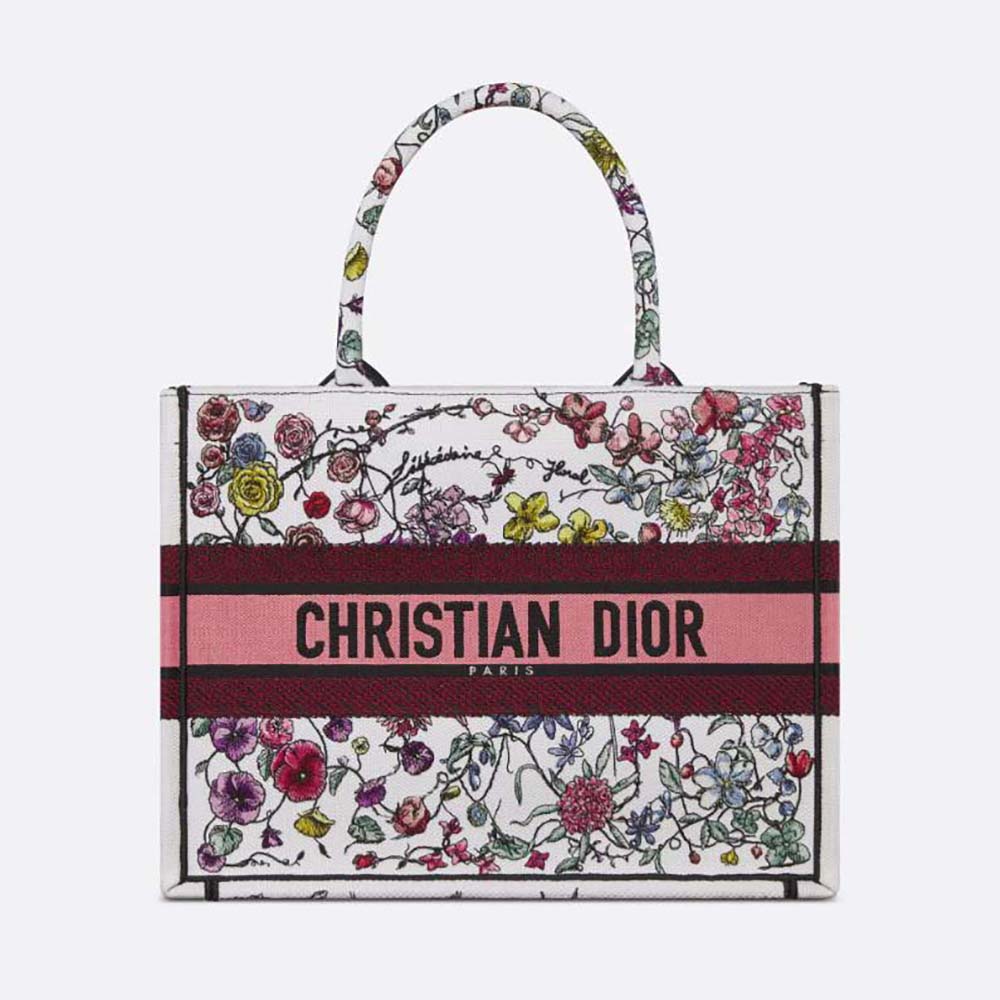 Front view of Dior Women Medium Dior Book Tote White Multicolor Florilegio Embroidery
