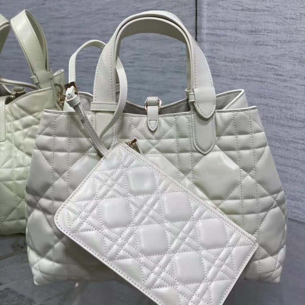 Close-up on silver Dior hardware and macrocannage quilting detail