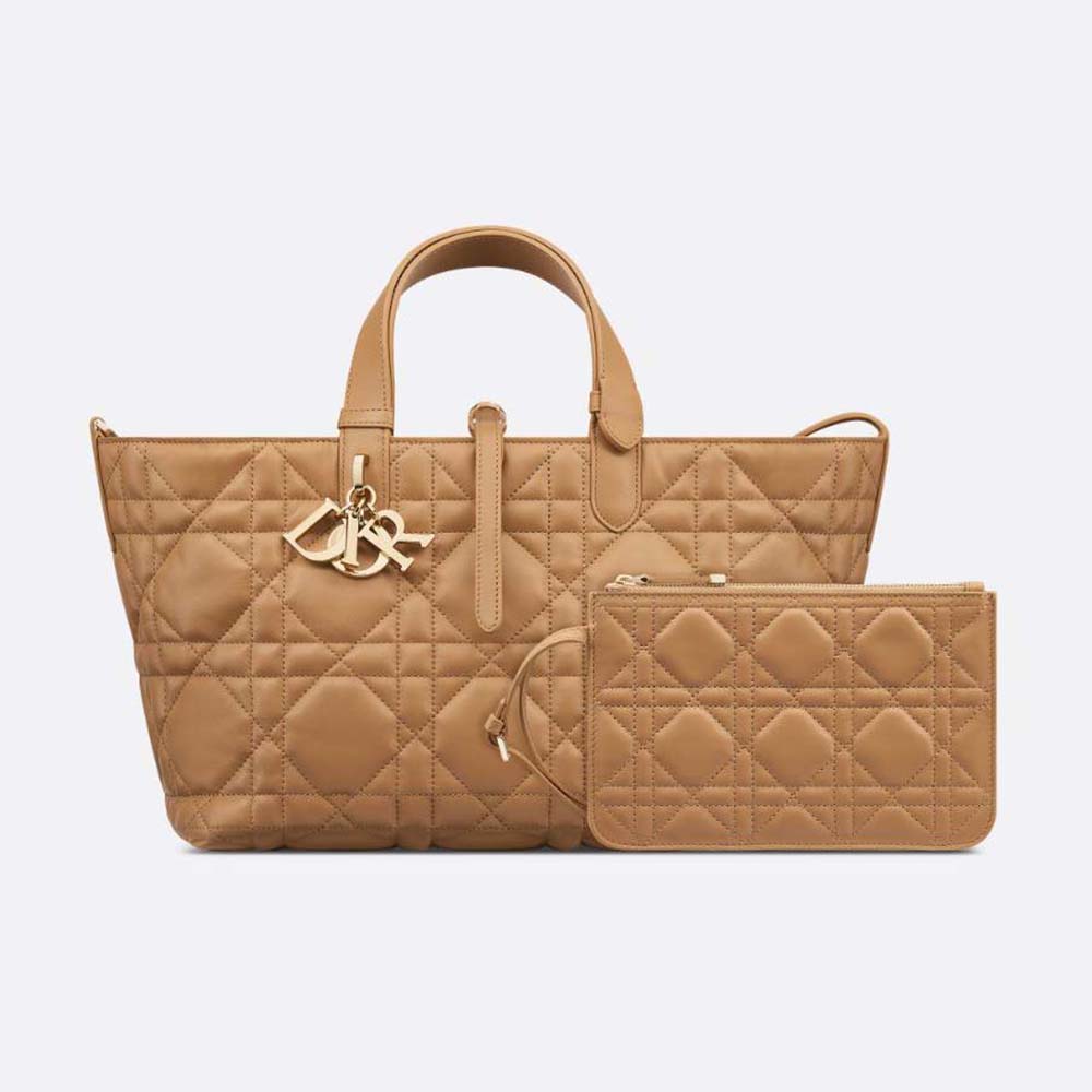 Front view of Dior Women Medium Dior Toujours Bag Medium Tan Macrocannage Calfskin