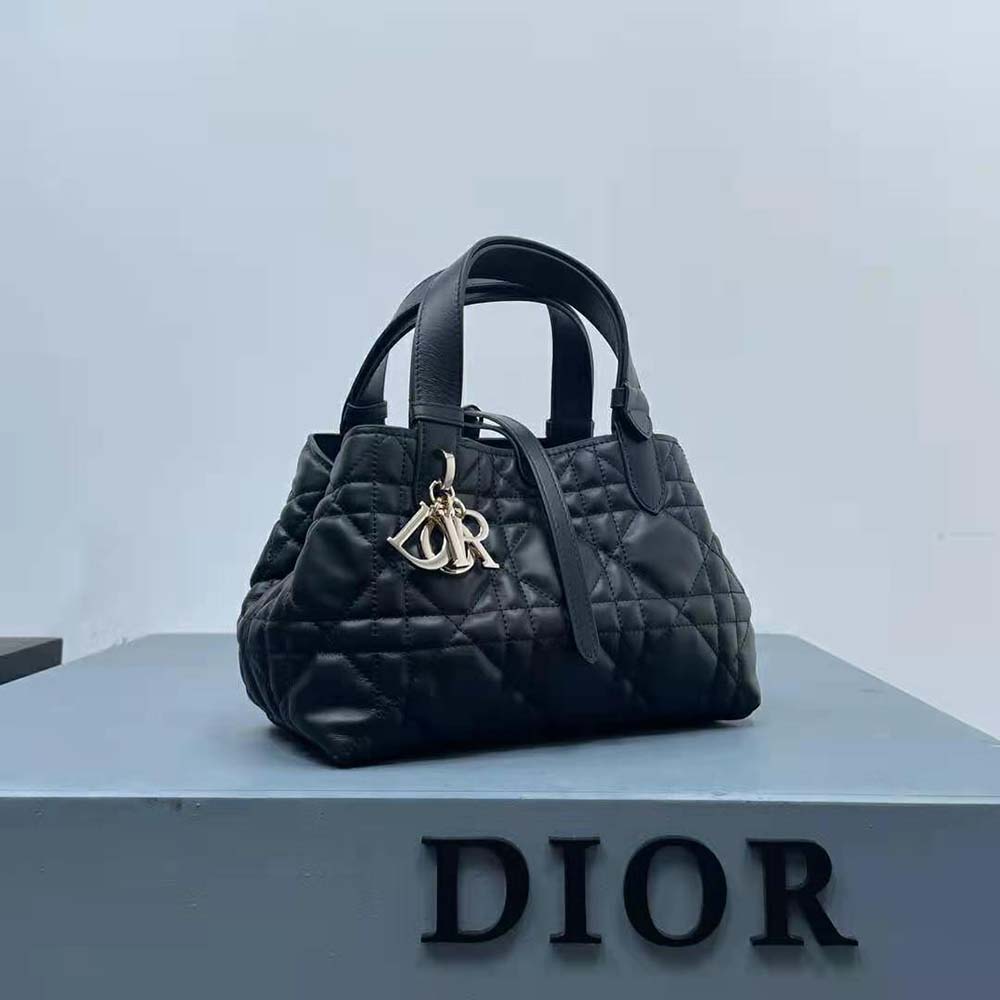 Side angle showing slim profile and chain strap of Dior Women Small Dior Toujours Bag