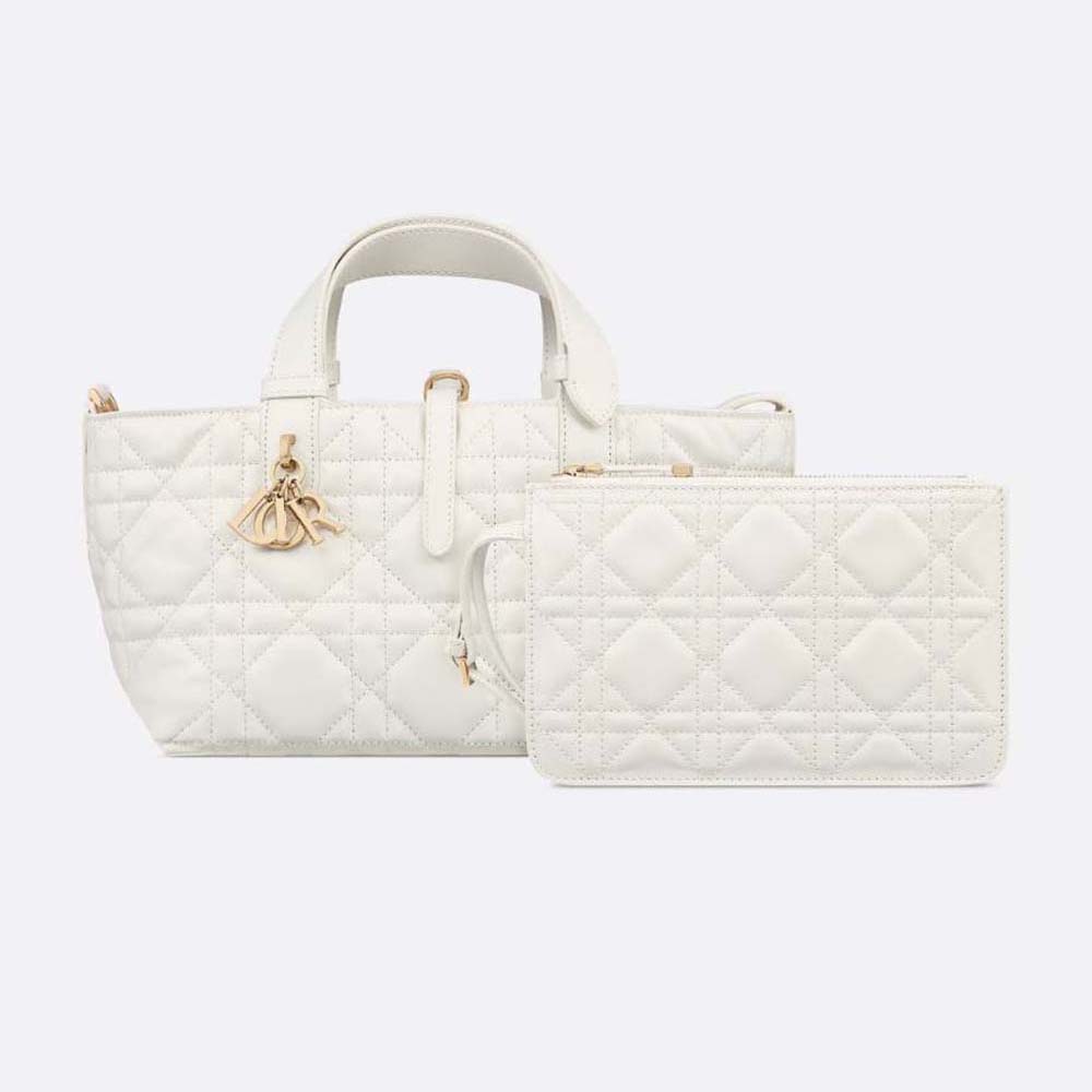 Front view of Dior Women Small Dior Toujours Bag Latte Macrocannage Calfskin in white