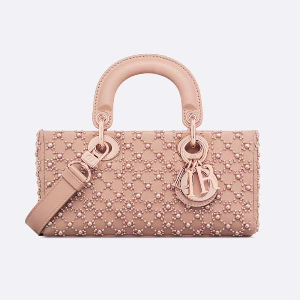 Front view of Dior Women Small Lady D-joy Bag Rose Des Vents in pink calfskin