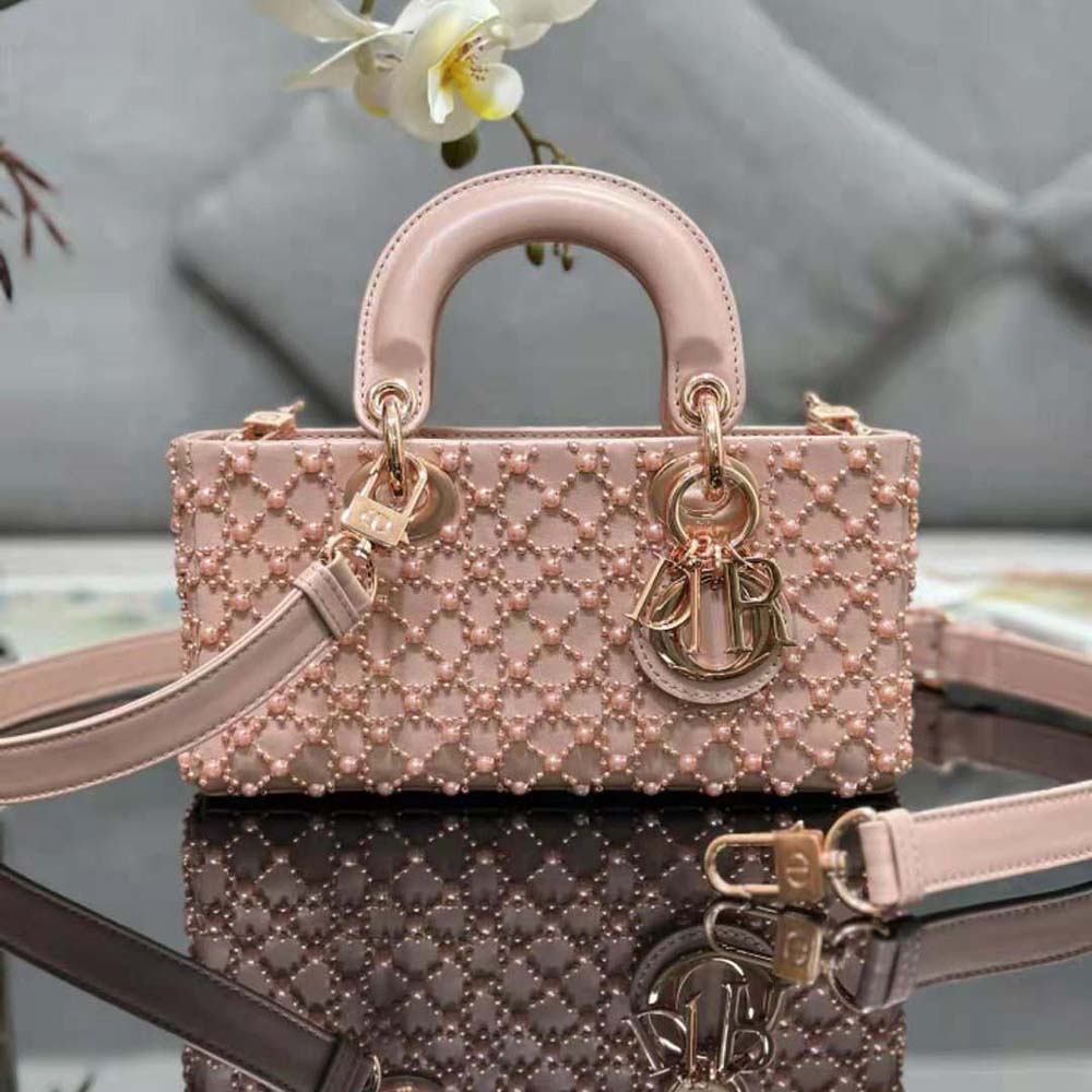 Close-up of resin pearl embroidery on Dior Women Small Lady D-joy Bag