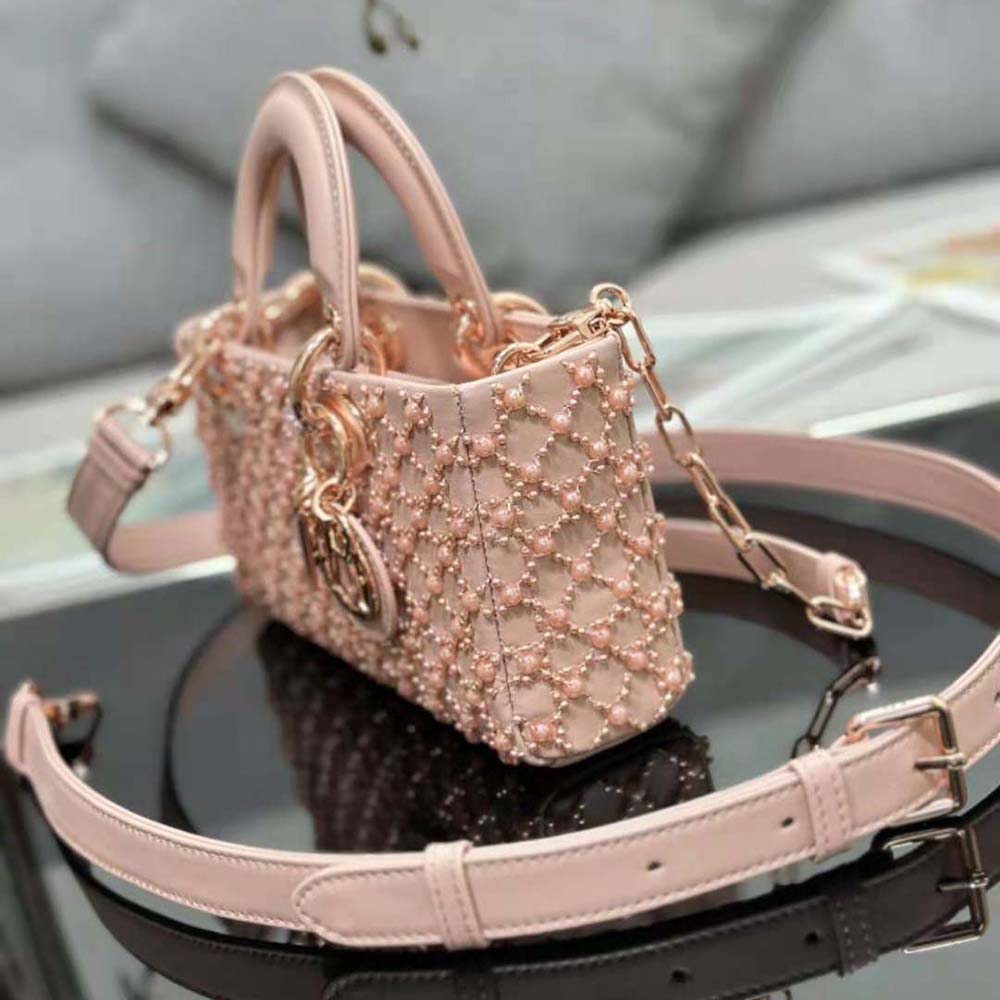Dior Women Small Lady D-joy Bag Rose Des Vents Cannage Calfskin Embroidered with Resin Pearls - image 4