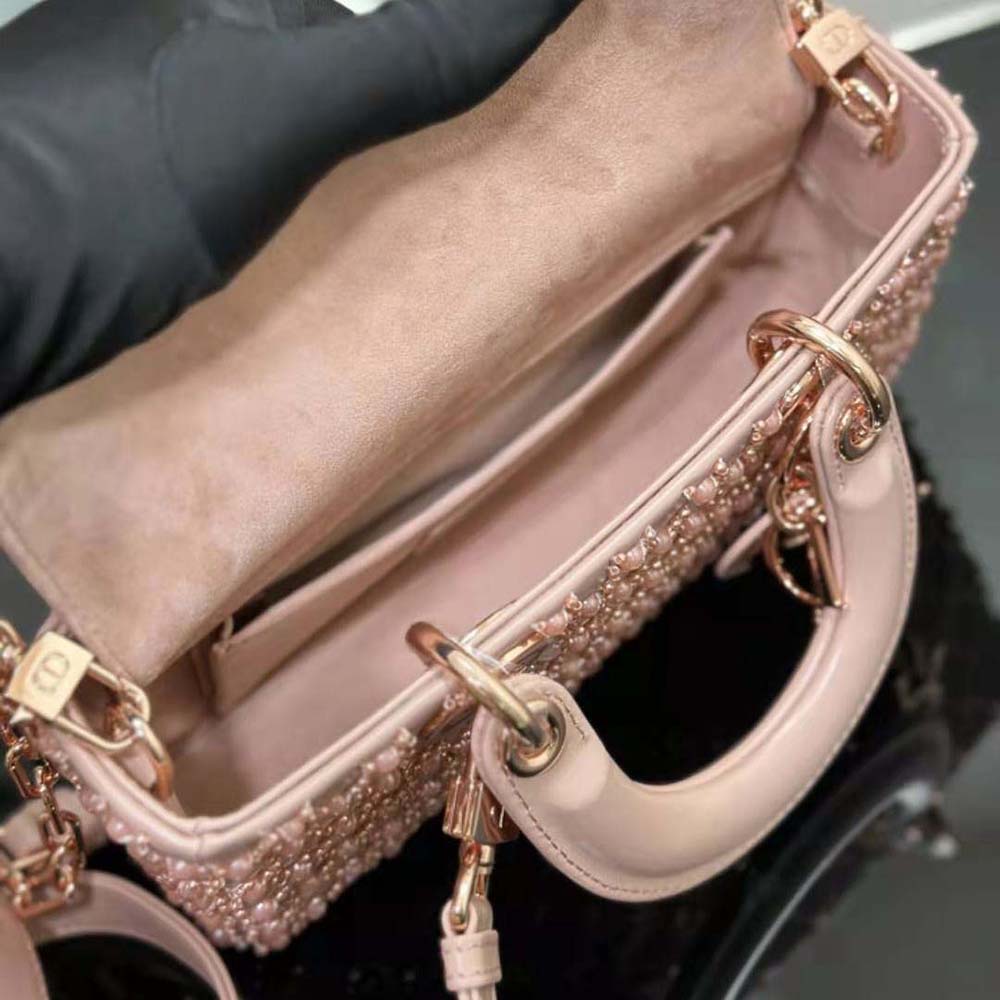 Dior Women Small Lady D-joy Bag Rose Des Vents Cannage Calfskin Embroidered with Resin Pearls - image 9
