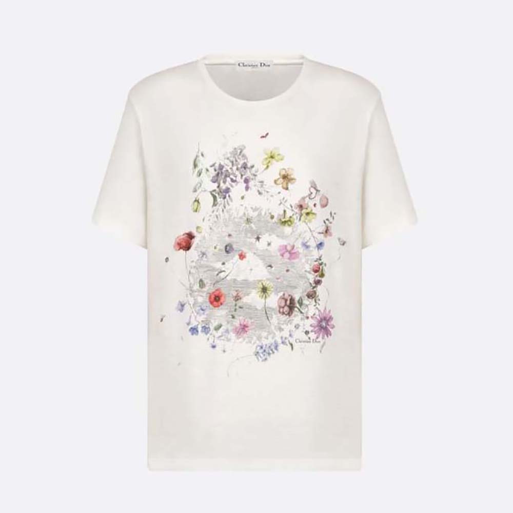 Front view of Dior Women T-shirt White Cotton and Linen Jersey with Florilegio Motif