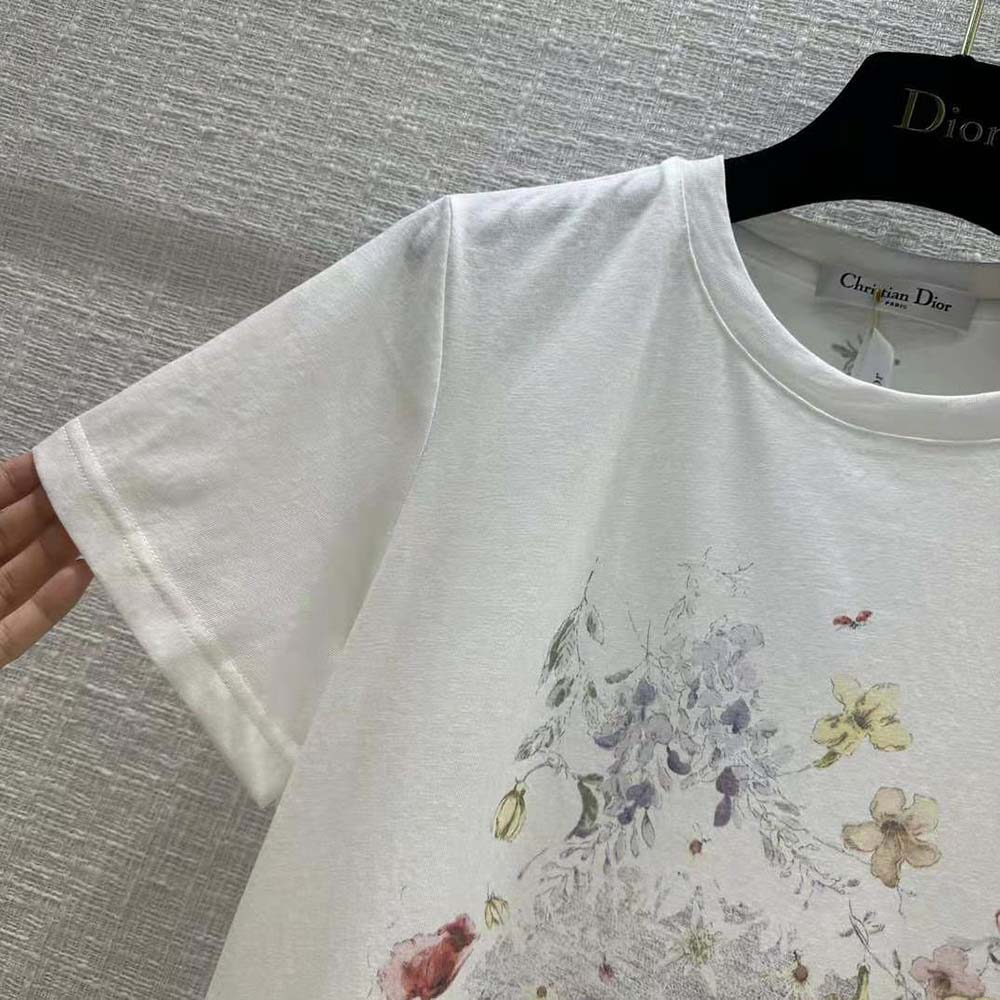 Dior Women T-shirt White Cotton and Linen Jersey with Red Multicolor Florilegio Motif - image 5