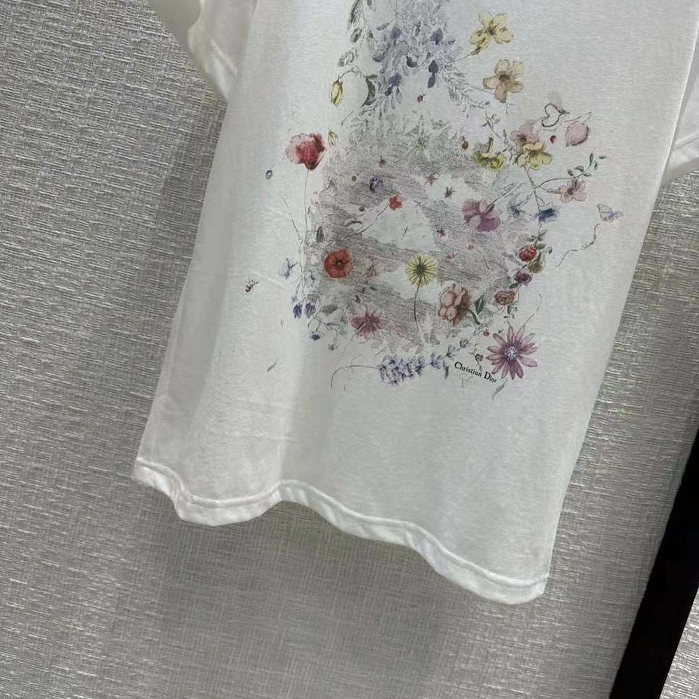 Dior Women T-shirt White Cotton and Linen Jersey with Red Multicolor Florilegio Motif - image 9