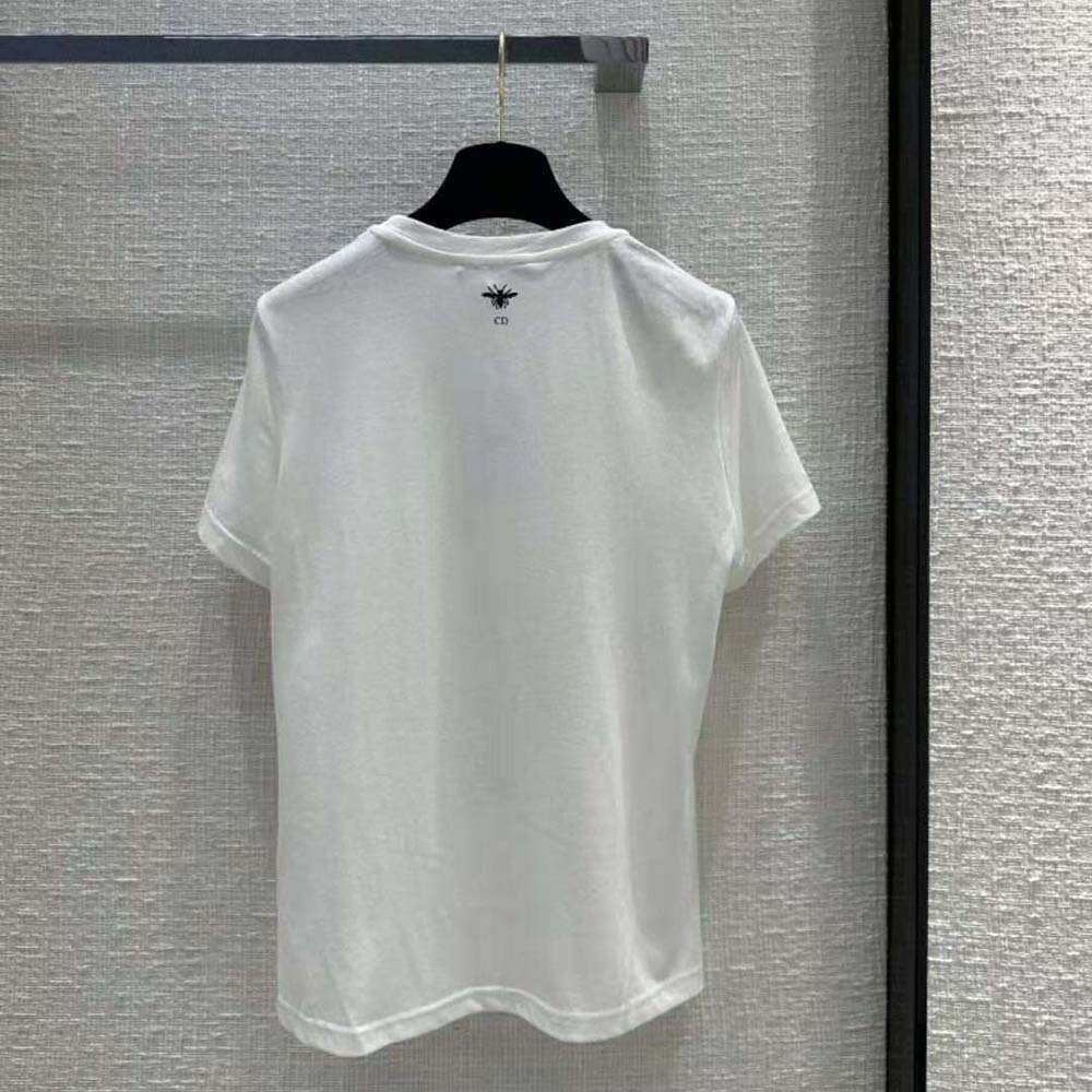 Side angle showing relaxed fit of Dior Women T-shirt White Cotton and Linen Jersey