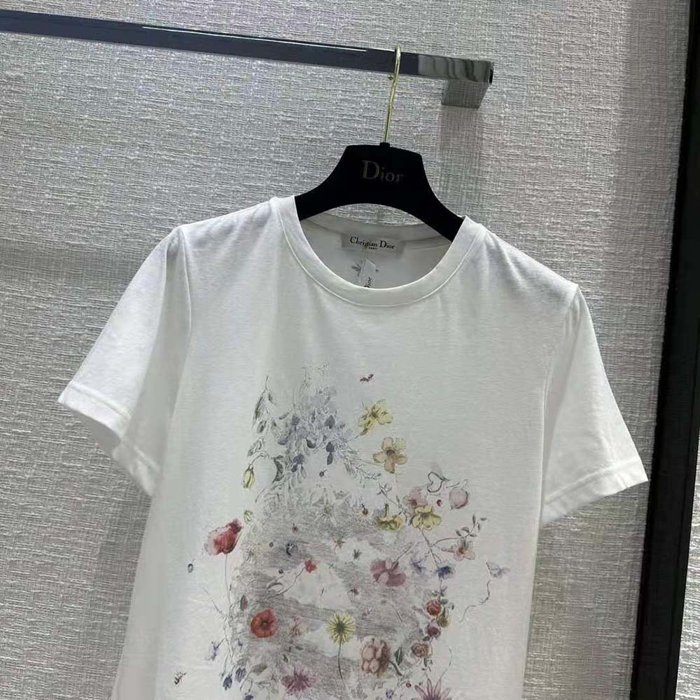 Dior Women T-shirt White Cotton and Linen Jersey with Red Multicolor Florilegio Motif - image 4