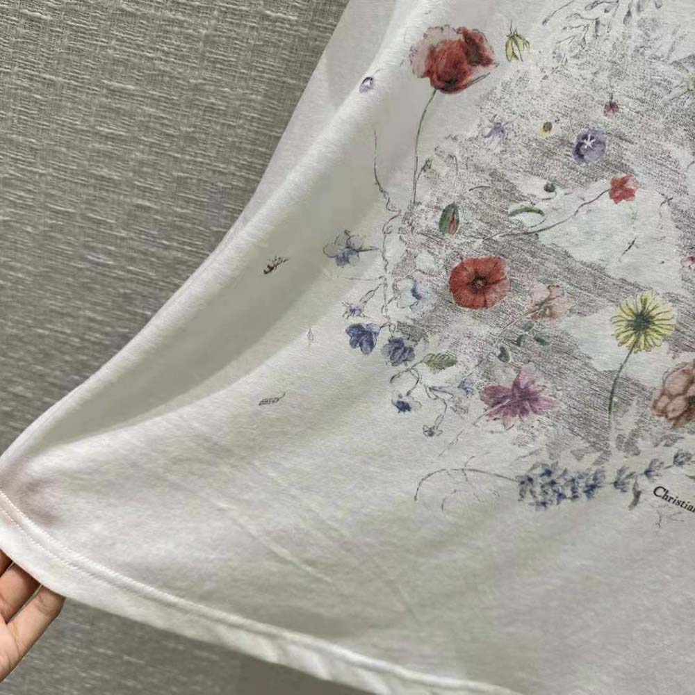 Dior Women T-shirt White Cotton and Linen Jersey with Red Multicolor Florilegio Motif - image 8