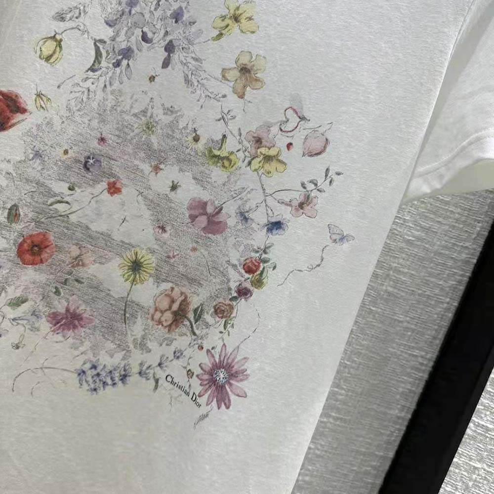 Dior Women T-shirt White Cotton and Linen Jersey with Red Multicolor Florilegio Motif - image 7