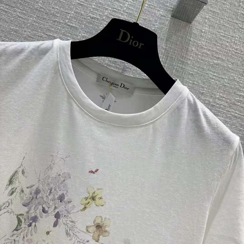 Dior Women T-shirt White Cotton and Linen Jersey with Red Multicolor Florilegio Motif - image 6