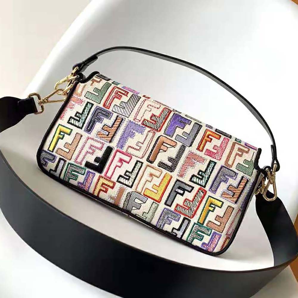 Side angle showing white leather and strap details on Fendi Women Baguette Chinese Valentine’s Day Limited Edition Bag