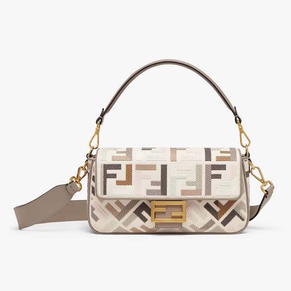 Front view of Fendi Women Baguette Multicolour Canvas Bag with FF Embroidery