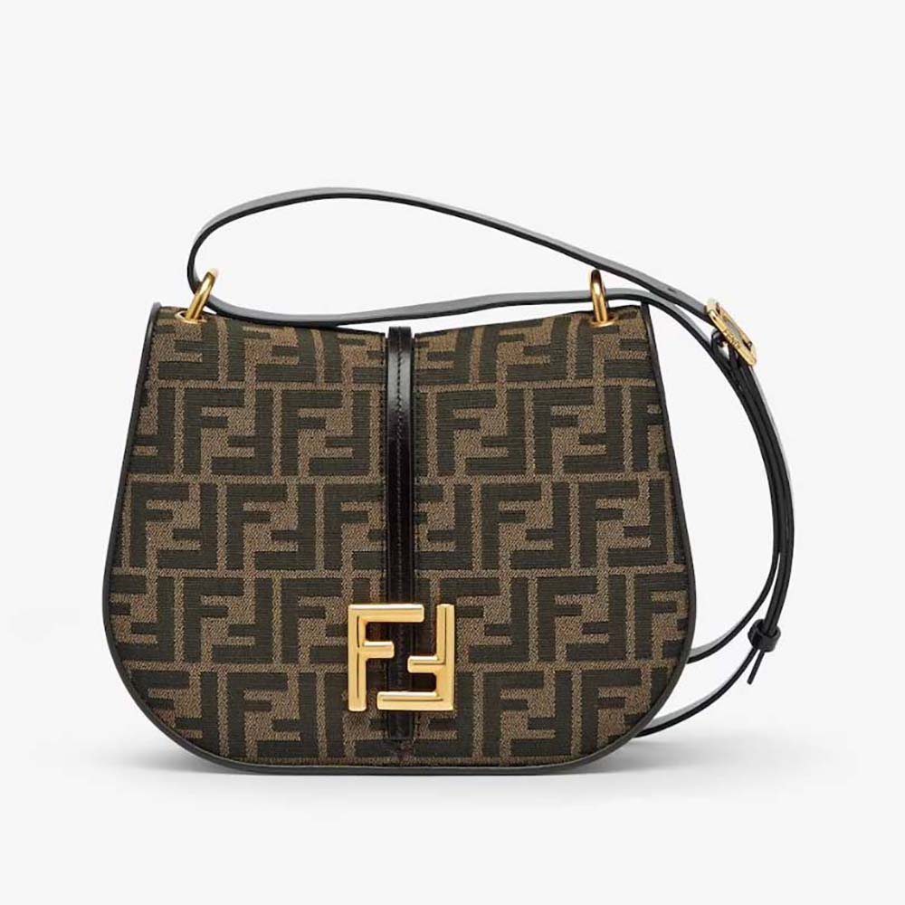 Front view of Fendi Women C’mon Medium Brown FF Jacquard Fabric and Leather Bag