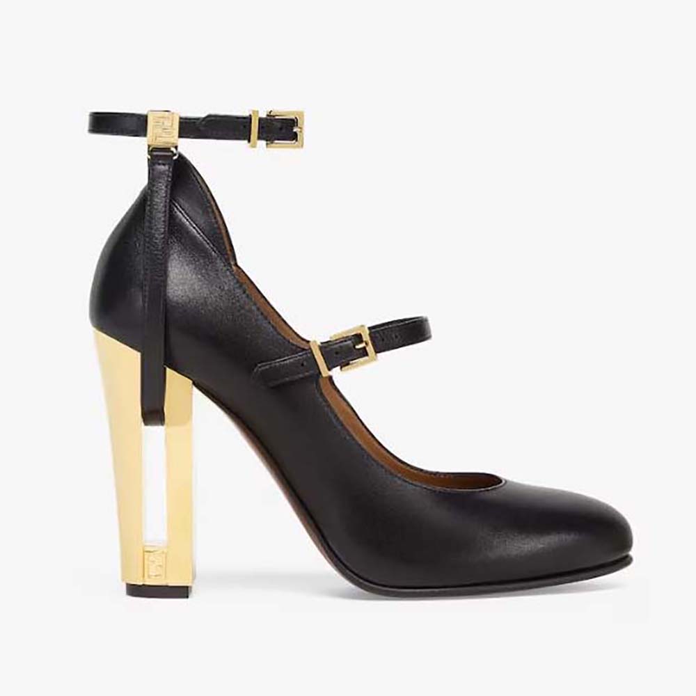 Side view of Fendi Women Delfina Black Leather High-Heeled Pumps-Black