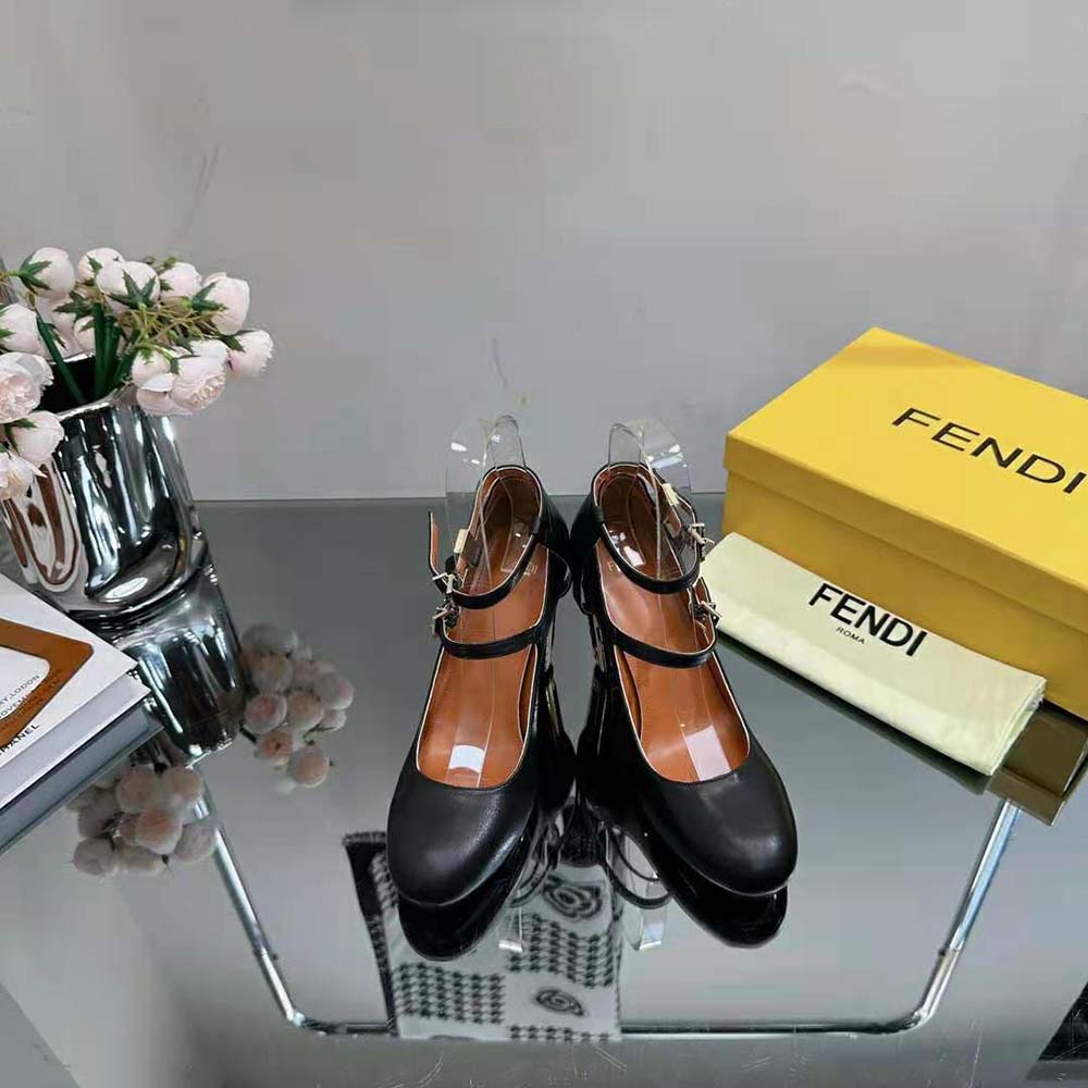 Close-up detail of leather texture on Fendi Delfina high-heeled pumps