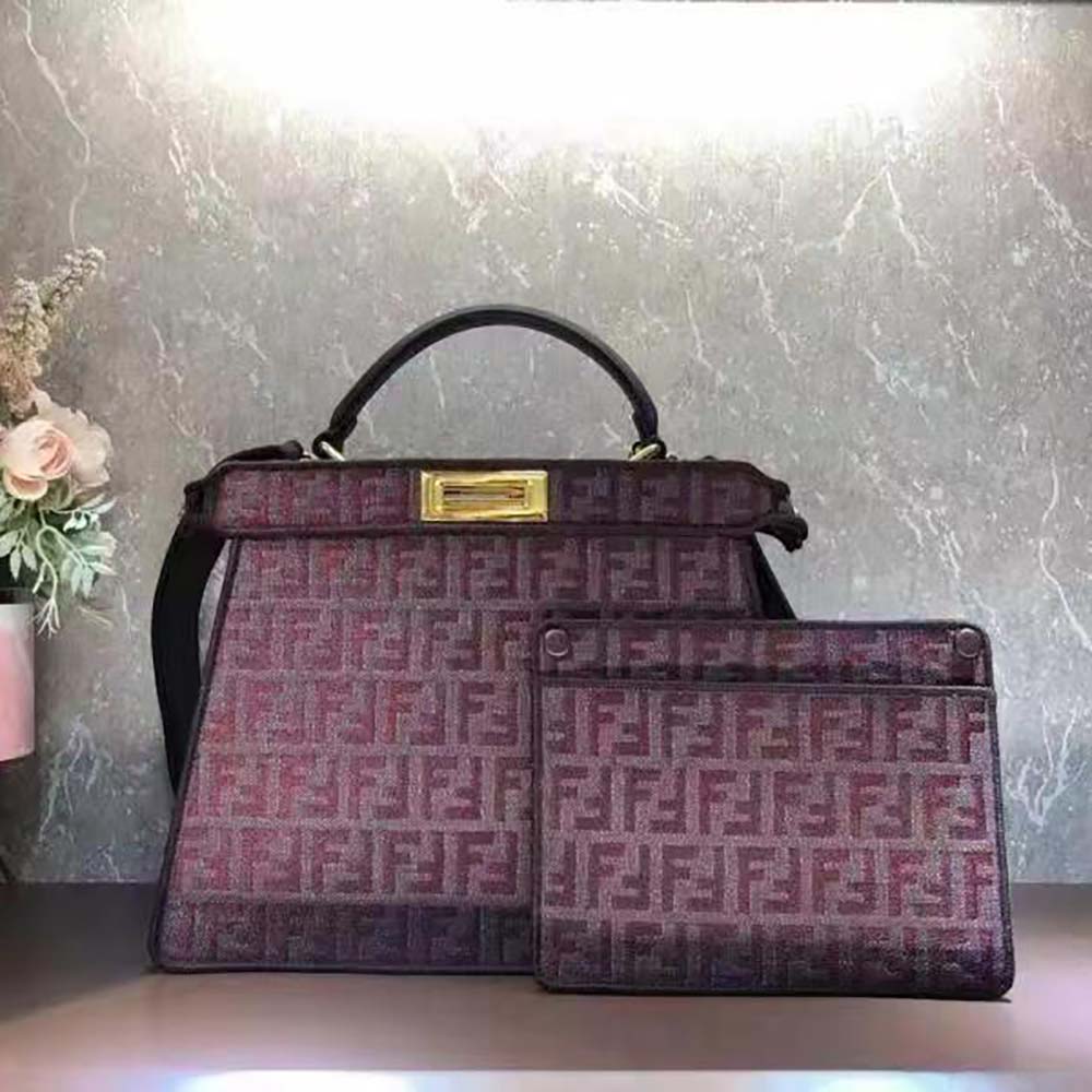Front angle of Fendi Women Peekaboo ISeeU Medium Maroon FF Tapestry Fabric Bag