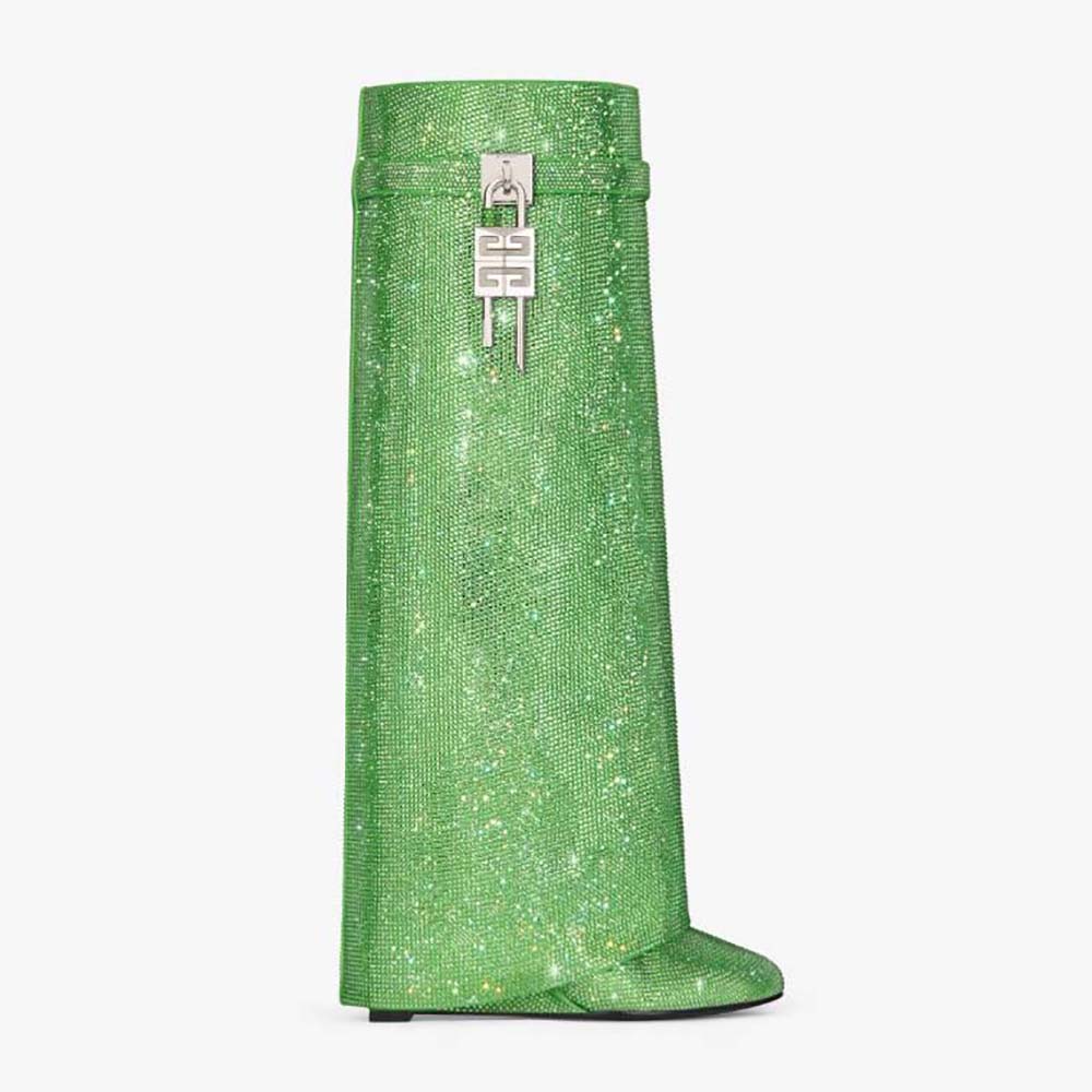 Side view of Givenchy Women Shark Lock Boots in Satin with Strass-Green