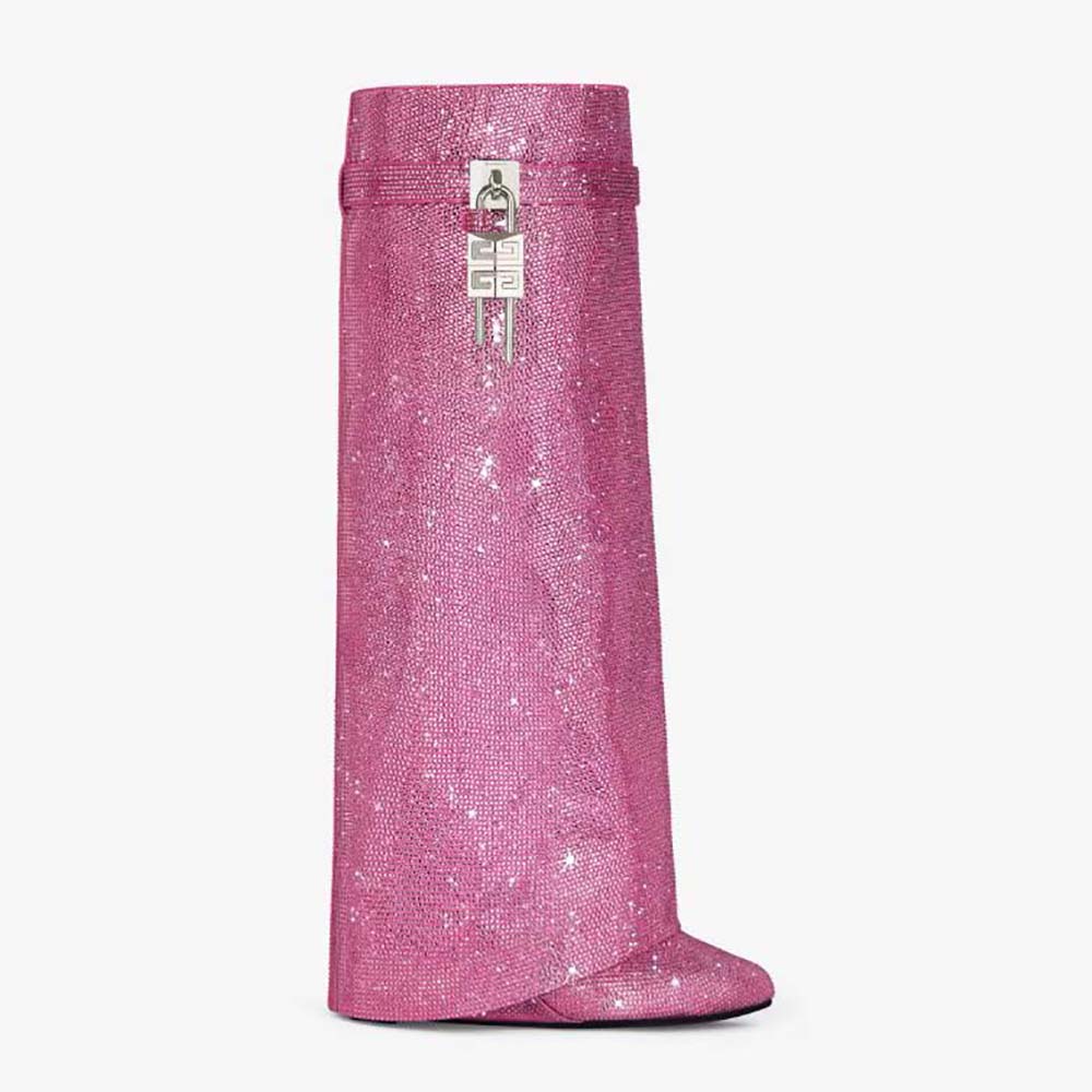 Side view of Givenchy Women Shark Lock Boots in Satin with Strass-Pink